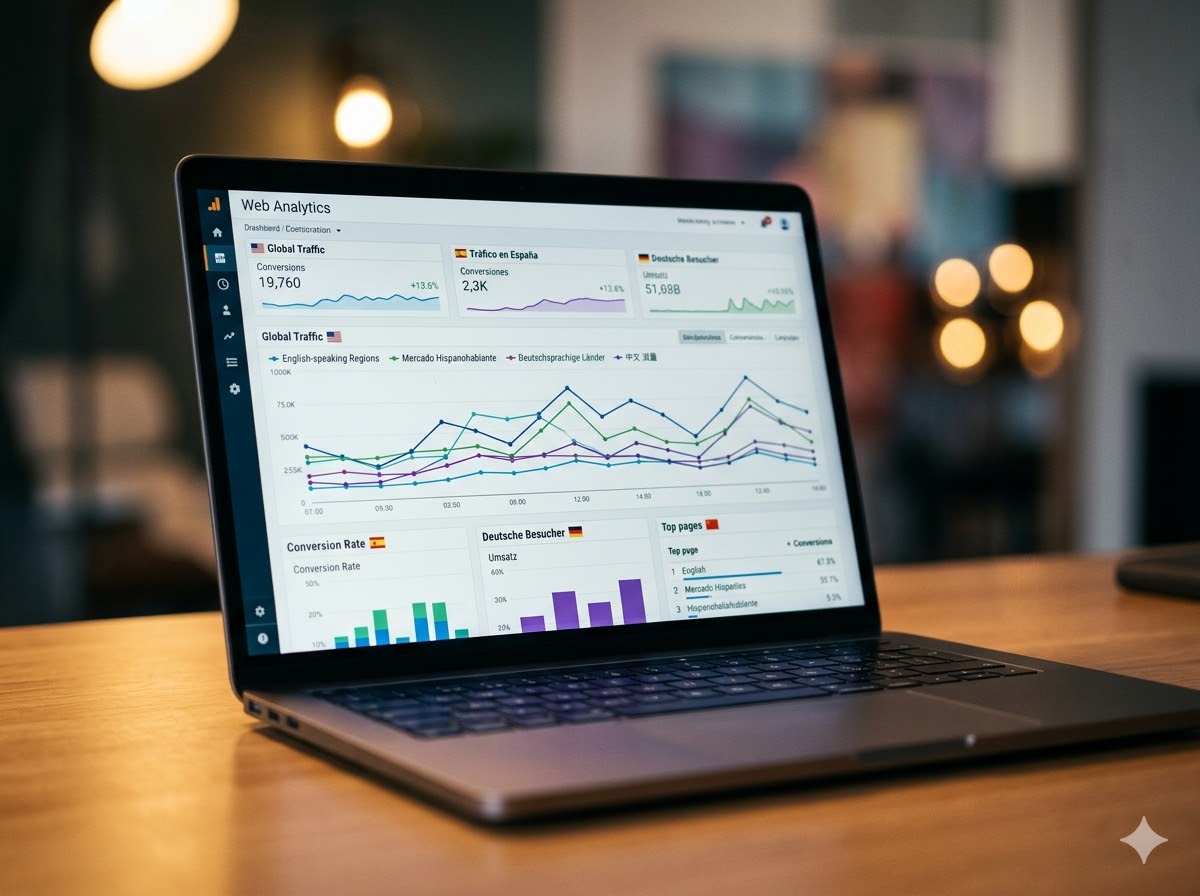 Dashboard analítica · tráfico multiidioma